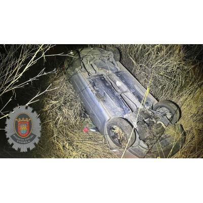 Un vehículo vuelca en el Paseo del Cristo de Tudela tras esquivar a un animal y acaba entre la maleza