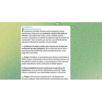 Telegram advierte a sus usuarios españoles de los "peligros" de la última propuesta de Pedro Sánchez