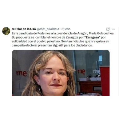 ¿Qué hay de cierto en que la candidata de Podemos Aragón propone llamar 'Zaragaza' a Zaragoza?