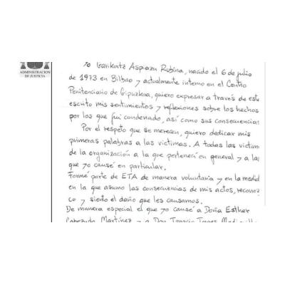 Publican las cartas en las que 'Txeroki' y 'Anboto' reconocen el daño causado por sus crímenes: "Siento pesar por ello"