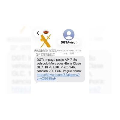 Alerta de una estafa por SMS que suplanta a la DGT por un falso impago de peaje